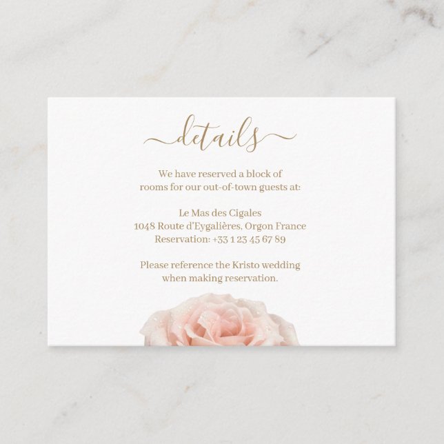 Blush Pink Realistic Rose Wedding Hotel Detail Enclosure Card (Front)