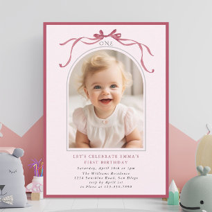 Blush Pink Red Bow Girl 1st Birthday Arch Photo Invitation