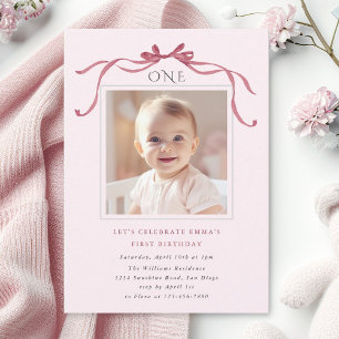 Blush Pink Red Bow Girl 1st Birthday Party Invitation