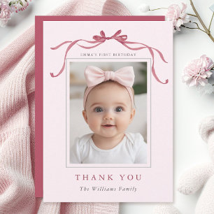 Blush Pink Red Bow Minimal Birthday Photo Thank You Card