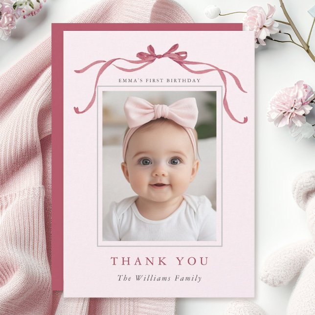 Blush Pink Red Bow Minimal Birthday Photo  Thank You Card (Creator Uploaded)