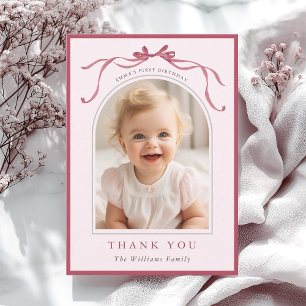 Blush Pink Red Bow Minimal Birthday Photo Thank You Card