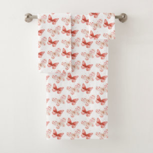 Blush Pink Red Butterflies   Bath Towel Set