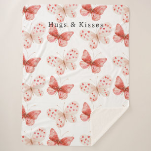 Blush Pink Red Butterflies Hugs Kisses Sherpa Blanket
