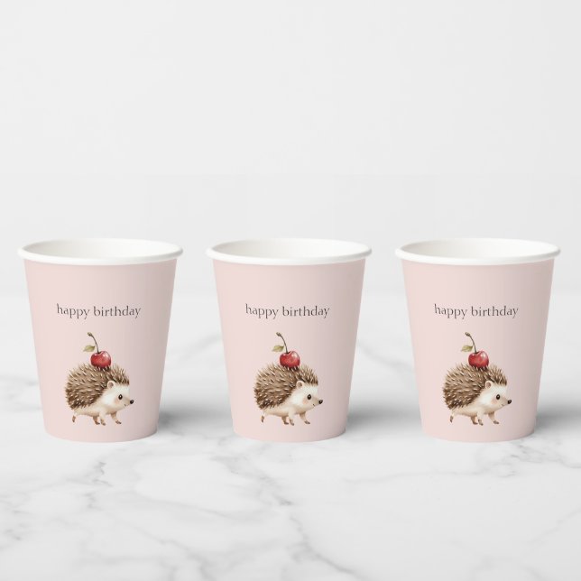 Blush Pink Red Cherry Adorable Hedgehog Birthday Paper Cups