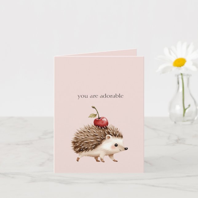 Blush Pink Red Cherry Adorable Hedgehog Card (Small Plant)