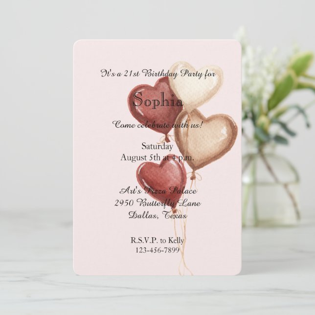 Blush Pink Red Cream Heart Balloons Birthday Invitation (Standing Front)
