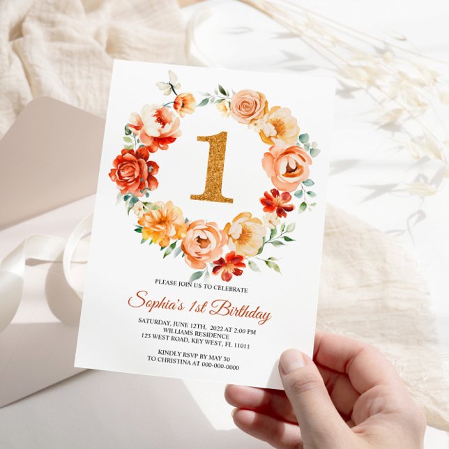 Blush Pink & Red Flowers Wreath 1st Birthday Invitation (Creator Uploaded)