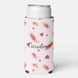 Blush Pink Red Hearts Glitzy Glitter Seltzer Can Cooler