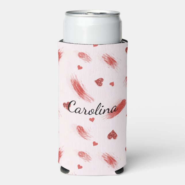 Blush Pink Red Hearts Glitzy Glitter Seltzer Can Cooler (Seltzer Front)