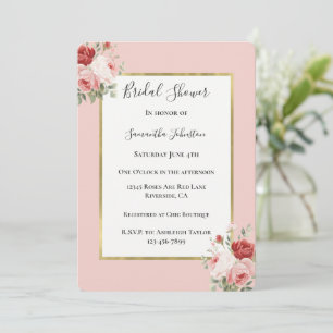Blush Pink Red Roses Floral Bridal Shower Invitation