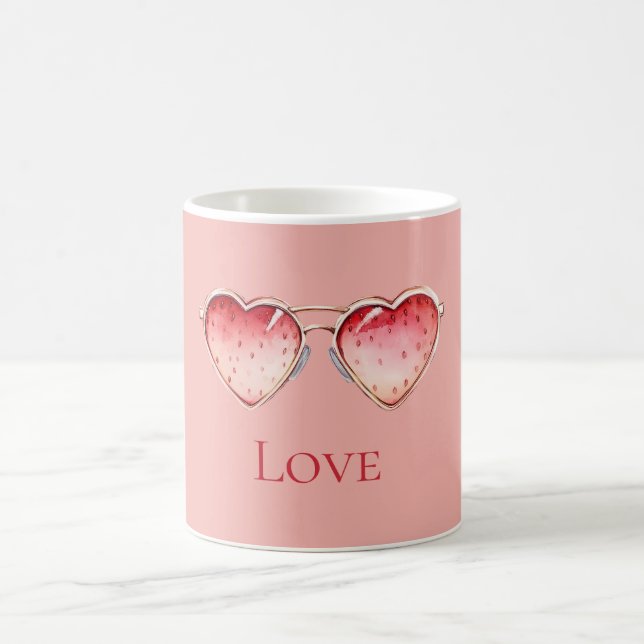 Blush Pink Red Strawberry Heart Glasses Coffee Mug (Center)