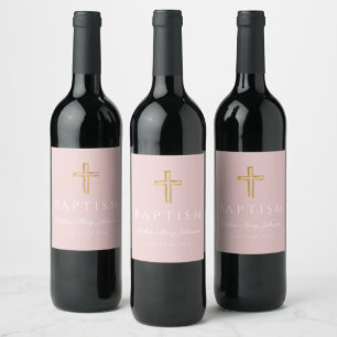 Blush Pink Religious Cross Girl Baptism Wine Label