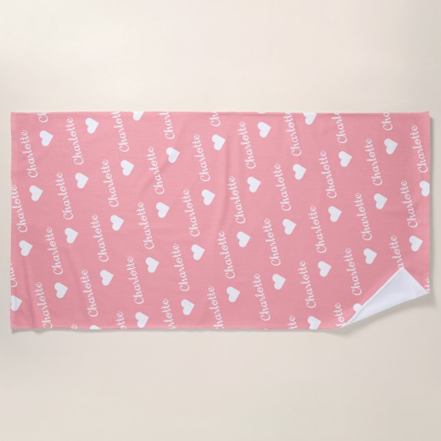 Blush Pink Repeating Name Script Heart Beach Towel (Front)
