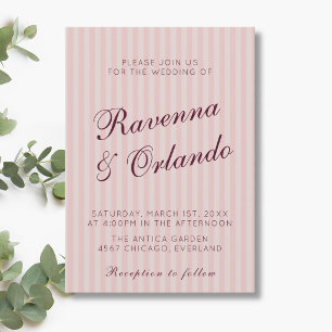 Blush Pink Retro Stripes Burgundy Wine Wedding Invitation
