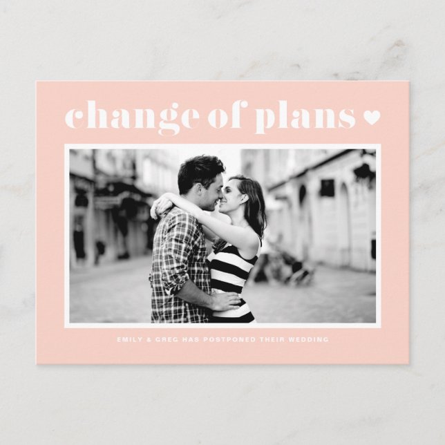 Blush Pink Retro Typography Change of Plans Photo Announcement Postcard (Front)
