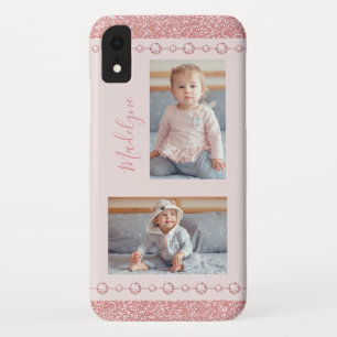 Blush Pink Rhinestone Glitter Name Photo iPhone XR Case