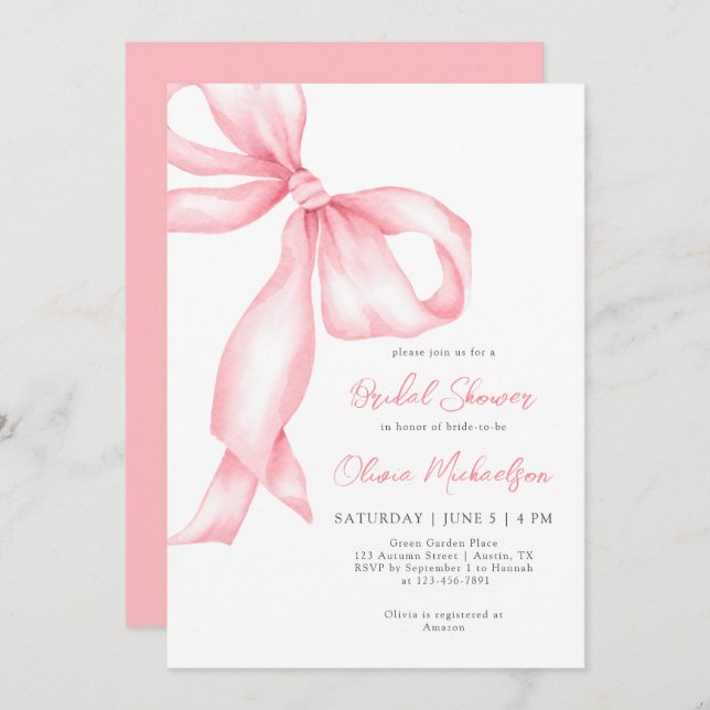 Blush Pink Ribbon Bow Coquette Bridal Shower Invitation (Front/Back)