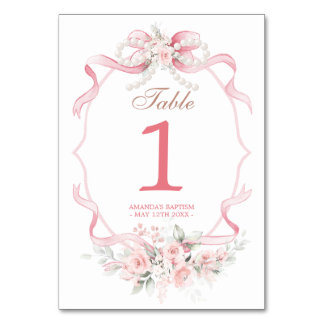 Blush Pink Ribbon Bow Pearl Floral Baptism Table Number
