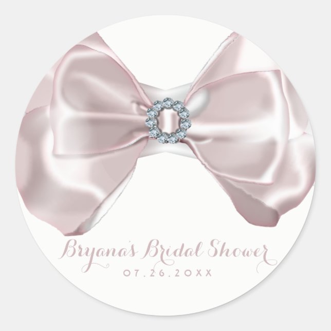 Blush Pink Ribbon & Diamonds Bridal Shower Chic Classic Round Sticker (Front)