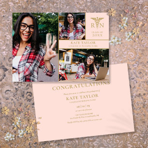 Blush Pink RN Nursing 3 Photo Graduation Party Inv Invitation
