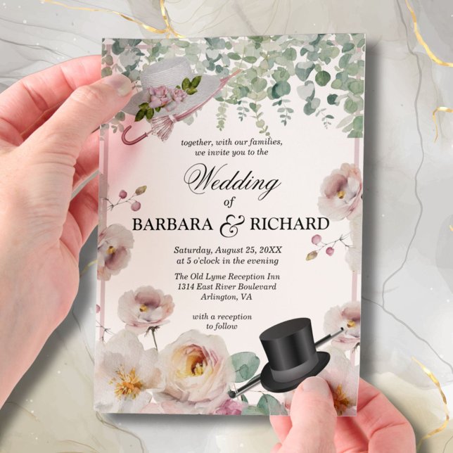 Blush Pink Romantic Floral Top Hat Wedding  Vellum Invitations (Creator Uploaded)