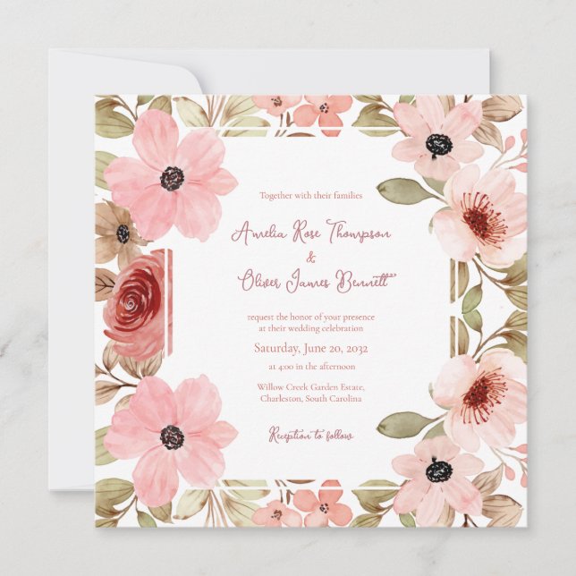 Blush Pink Romantic Floral Wedding Invitation (Devant)
