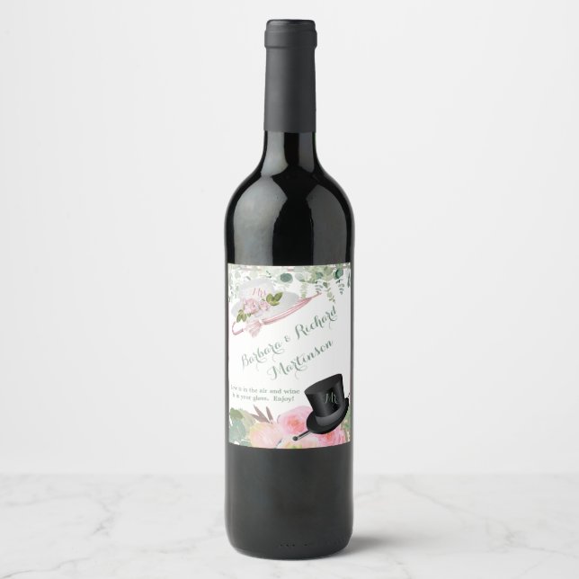 Blush Pink Romantic Floral Wedding  Wine Label (Front)