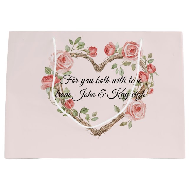 Blush Pink Romantic Red Rose Floral Heart Wedding Large Gift Bag (Front)