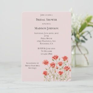 Blush Pink Romantic Red Roses Bridal Shower Invitation