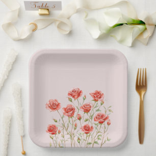 Blush Pink Romantic Red Roses Bridal Shower Paper Plate