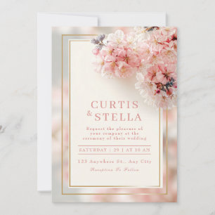 Blush Pink Romantic Sakura Gold Frame Wedding Invitation