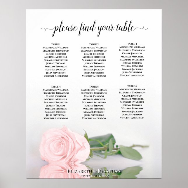 Blush Pink Rose 6 Table Wedding Seating Chart (Front)
