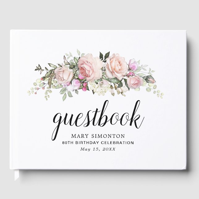 Blush Pink Rose 80th Birthday Party Guest Book (Front)