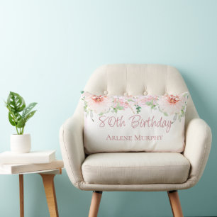 Blush Pink Rose and Dahlia 80th Birthday Lumbar Pillow