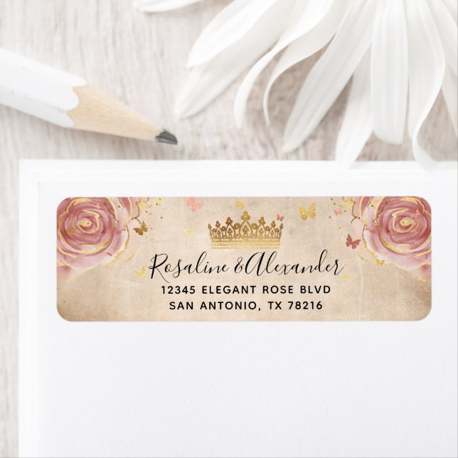 Blush Pink Rose and Gold Floral Return Address (Insitu)