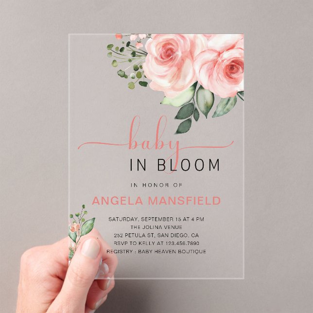 Blush Pink Rose Baby in Bloom Shower  Acrylic Invitations (Insitu (Handheld))