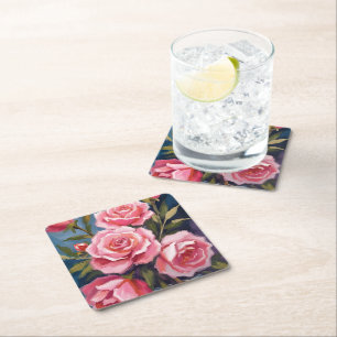 Blush Pink Rose Bouquet Painting Square Paper Coaster