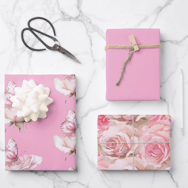 Blush Pink Rose Butterfly Birthday Wrapping Paper Sheet (Front)