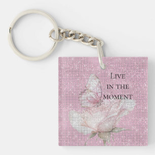 Blush Pink Rose Butterfly Sparkle   Keychain