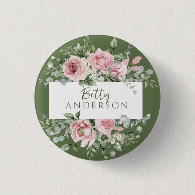 Blush Pink Rose Custom Name 1 Inch Round Button (Front)