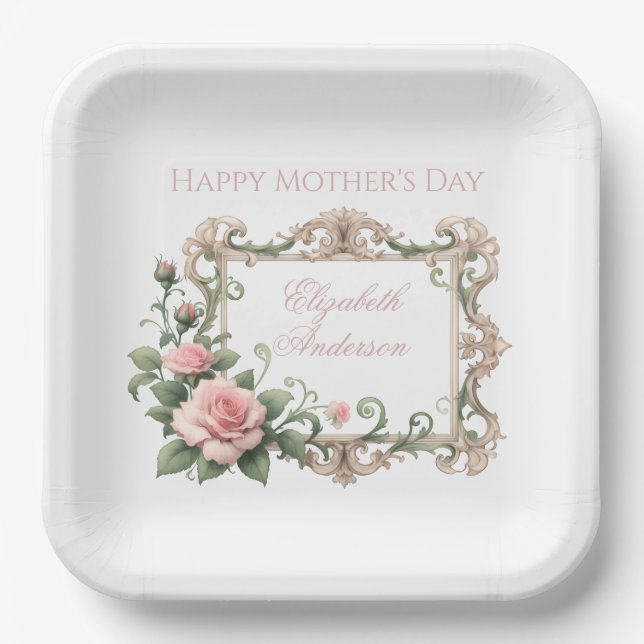 Blush Pink Rose Custom Name Paper Plate (Front)