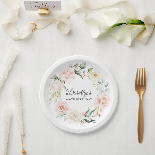 Blush Pink Rose Floral 100th Birthday Paper Plate (Wedding)