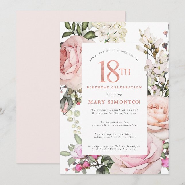 Blush Pink Rose Floral 18 Birthday Party Invitation (Front/Back)