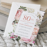 Blush Pink Rose Floral 80th Birthday Party Invitation<br><div class="desc">Honour a special woman with this elegant and feminine 80th Birthday party invitation. 80th is written in large rose pink text. Birthday celebration follows. The honoured guest's name is also in pink capital letters. The remainder of the text is soft dove grey. The 80th birthday celebration details are surrounded by...</div>