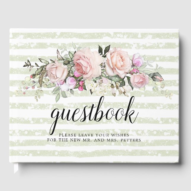 Blush Pink Rose Floral and Stripe Wedding Guest Book (Front)