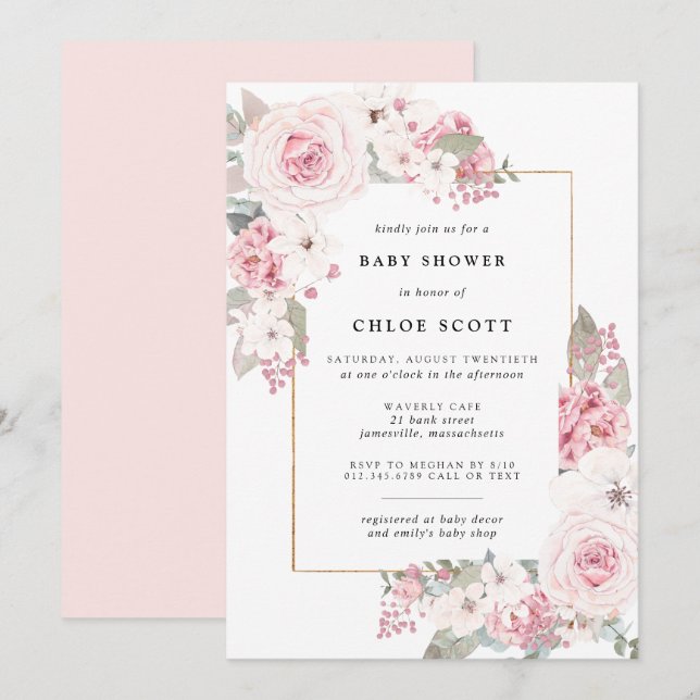 Blush Pink Rose Floral Baby Shower Invitation (Front/Back)