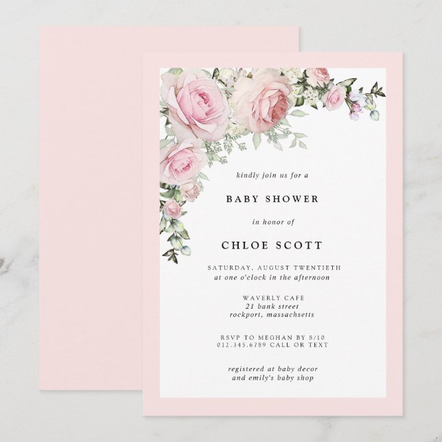 Blush Pink Rose Floral Baby Shower Invitation (Front/Back)