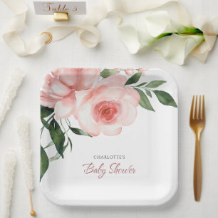 Blush Pink Rose Floral Baby Shower Paper Plate