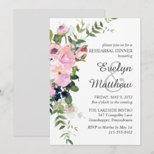 Blush Pink Rose Floral Bouquet Grey Rehearsal Invitation